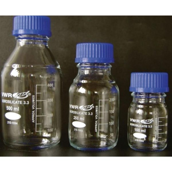 FRASCO VIDRIO ISO C/TAPON Y ANILLO AZUL 250ML